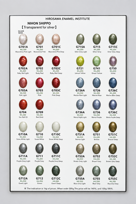 A color chart sheet for Hirosawa Enamel Institute showing various enamel color options labeled with codes and names such as Mannequin Pink, Silver Gray, Reduddy Rose, and Blue Purple, with a note for 'Transparent for silver'.