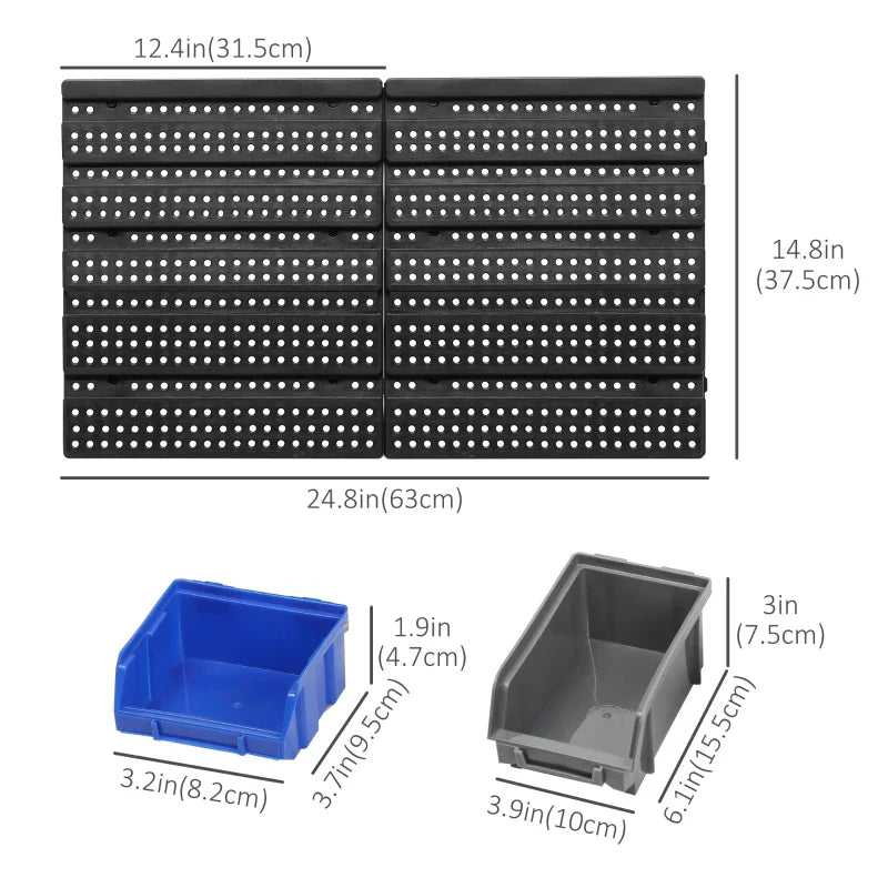Wall Mounted Storage Bin Rack Tool Organizer with 30 Bins, Pegboard for Garage Workshops Blue