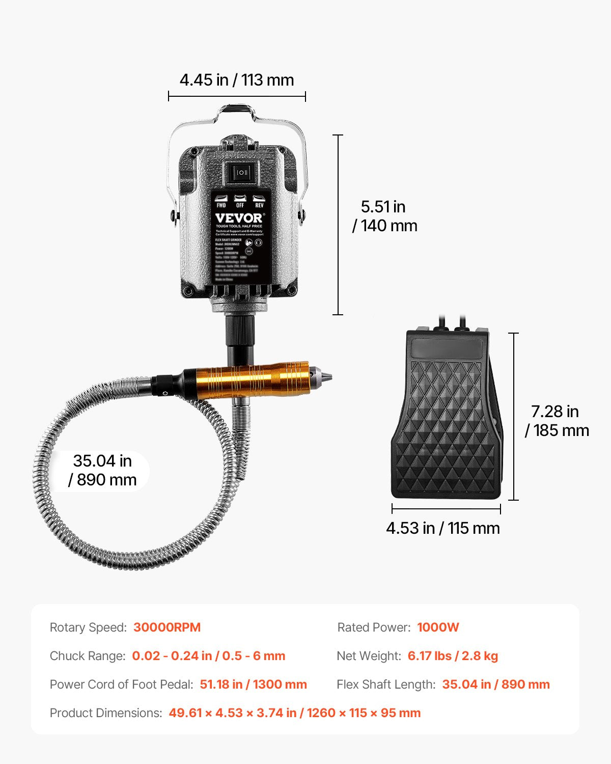 Ponceuse à arbre flexible VEVOR 1000 W 30 000 tr/min avec pédale et 31 accessoires