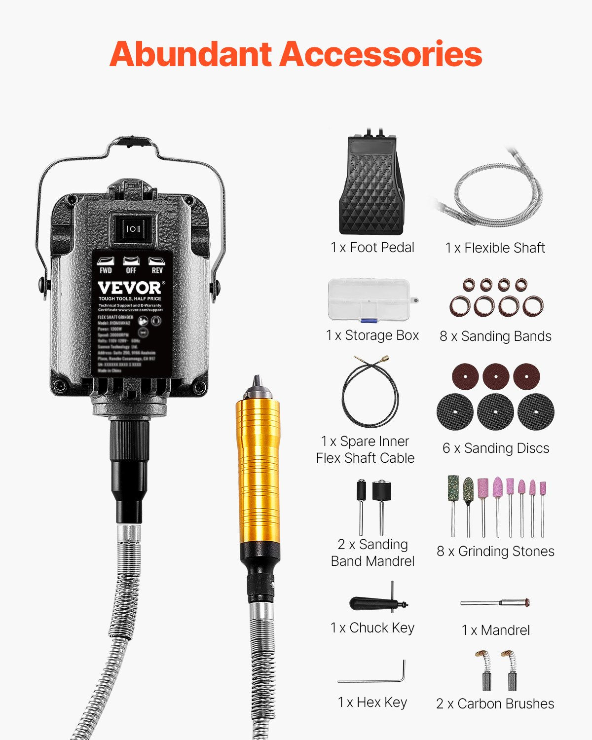 VEVOR Flex Shaft Grinder 1200W 30000RPM with Foot Pedal & 31PCS Accessories